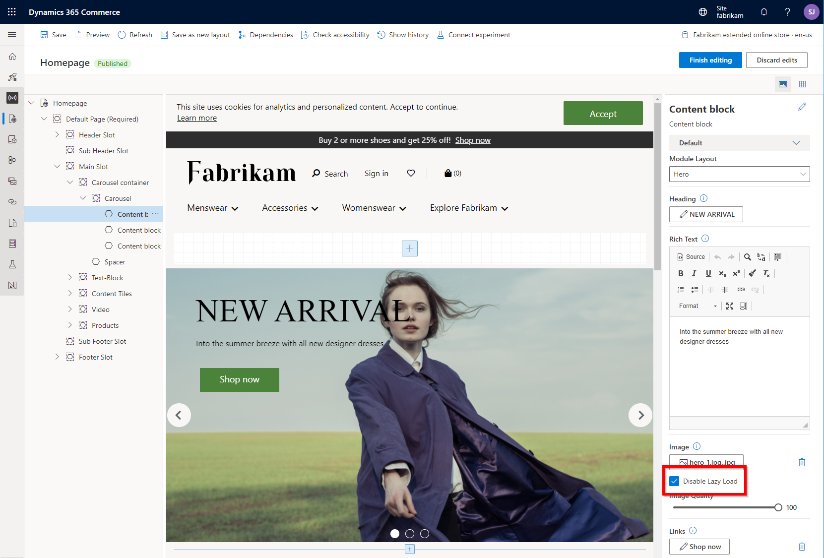 Screenshot of the Disable lazy load option selected in Commerce site builder.