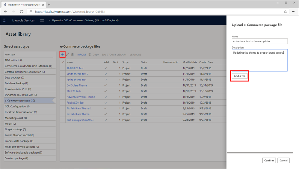 Screenshot of LCS Upload e-commerce package file dialog box.