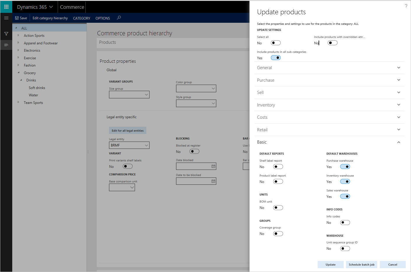 Screenshot of the Update products dialog box.