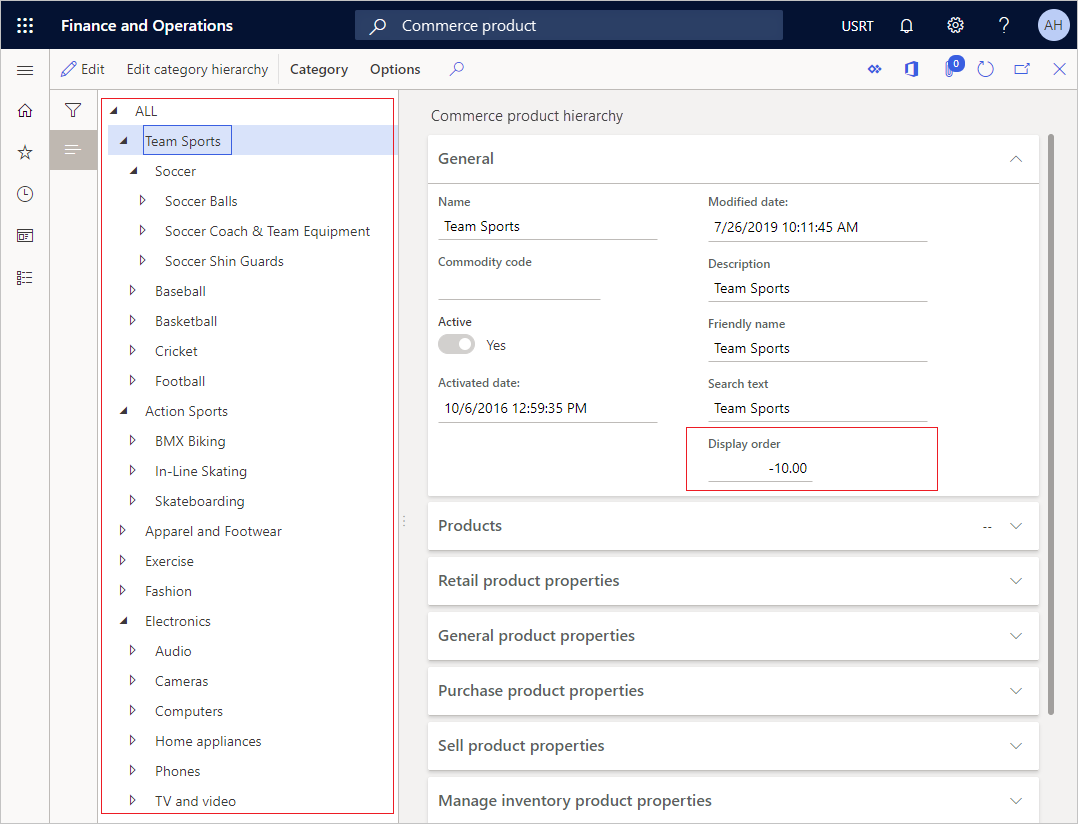 Screenshot of product hierarchy custom sorted with negative values.