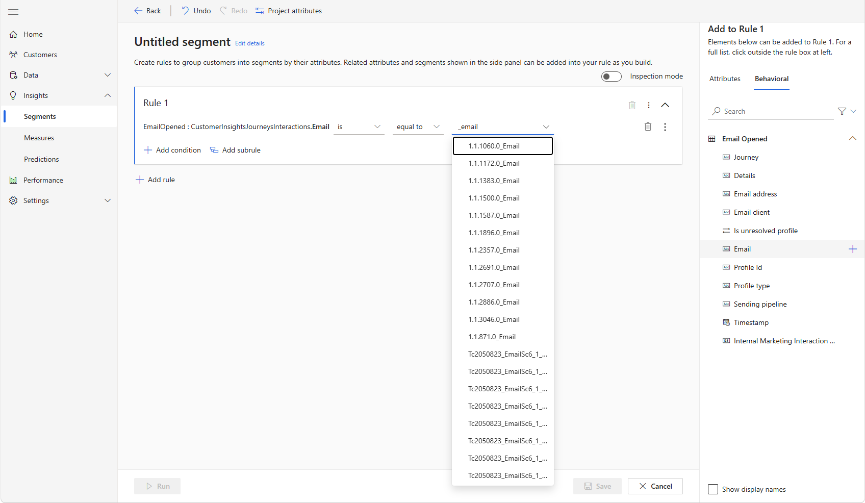 Screenshot of the segment builder canvas showing Rule 1 with the condition 'EmailOpened: CustomerInsightsJourneysInteractions.Email is equal to', and the Email Opened interaction expanded in the side panel showing its available fields.
