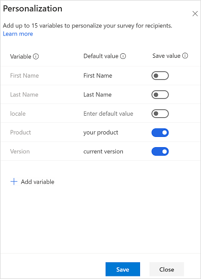 Turn on toggle to save a variable's value.