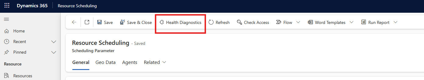 Screenshot of the Resource Scheduling window with the Health Diagnostics option highlighted.