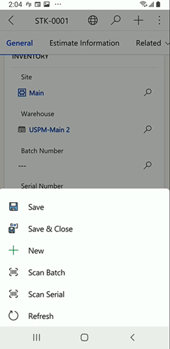 Screenshot in the mobile app showing the Scan Batch and Scan Serial buttons.