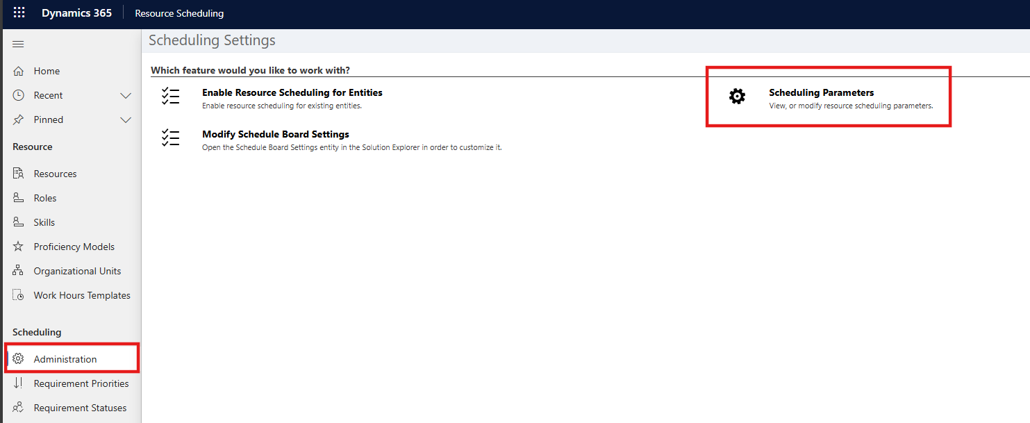 Screenshot of the Scheduling Settings window with the Administration menu and the Scheduling Parameters option highlighted.