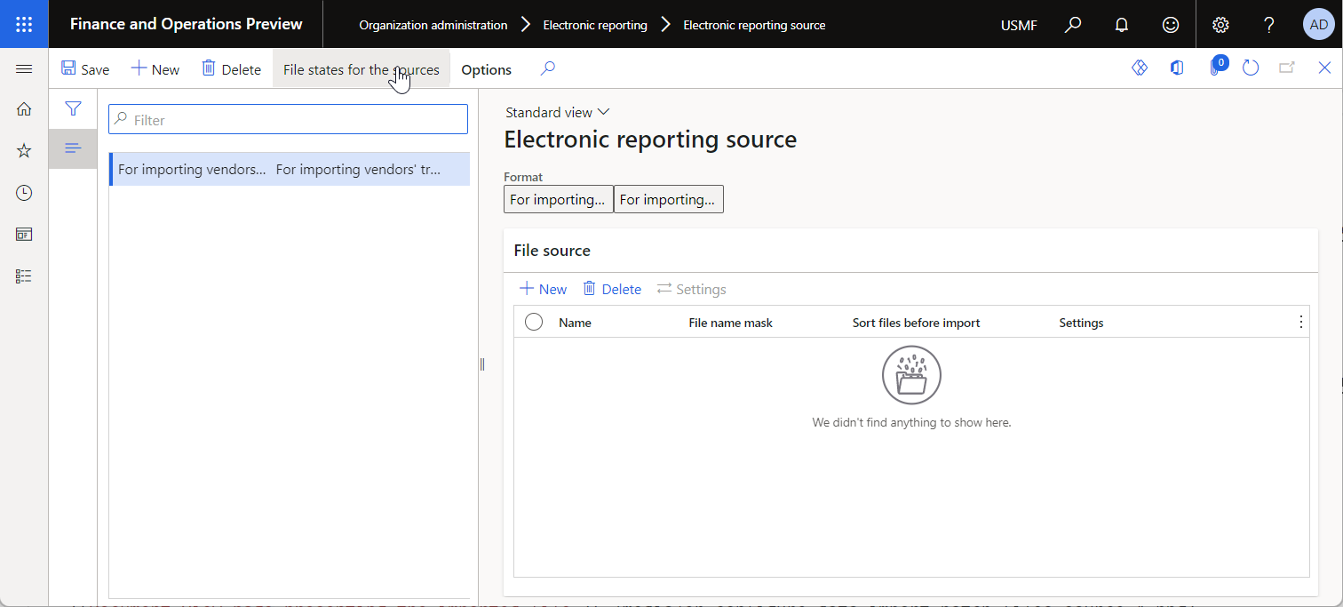 Screenshot of record for the For importing vendors' transactions (Excel) configuration on the Electronic reporting source page.