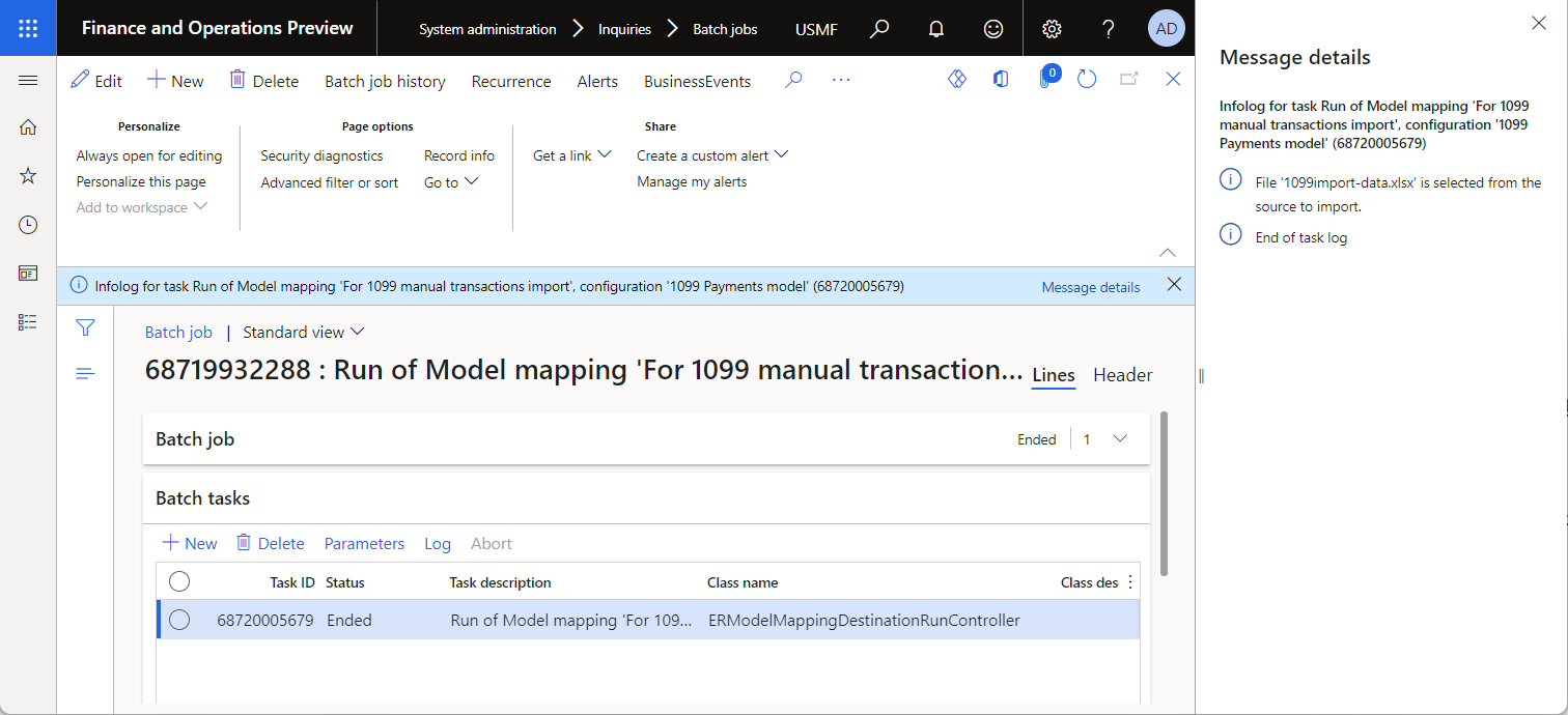 Screenshot of execution log of the scheduled batch job on the Batch job page.
