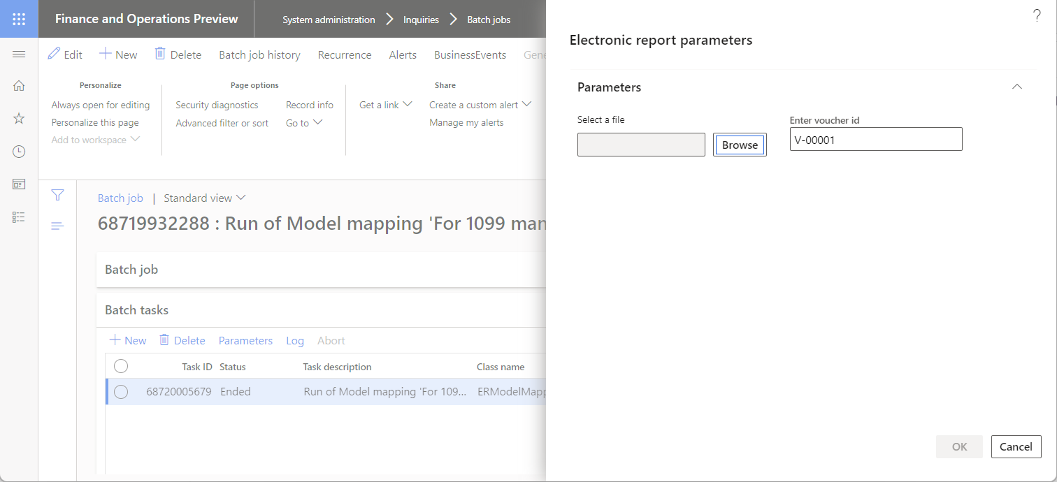 Screenshot of changing the parameters of the data import for the scheduled batch job in the Electronic report parameters dialog box.