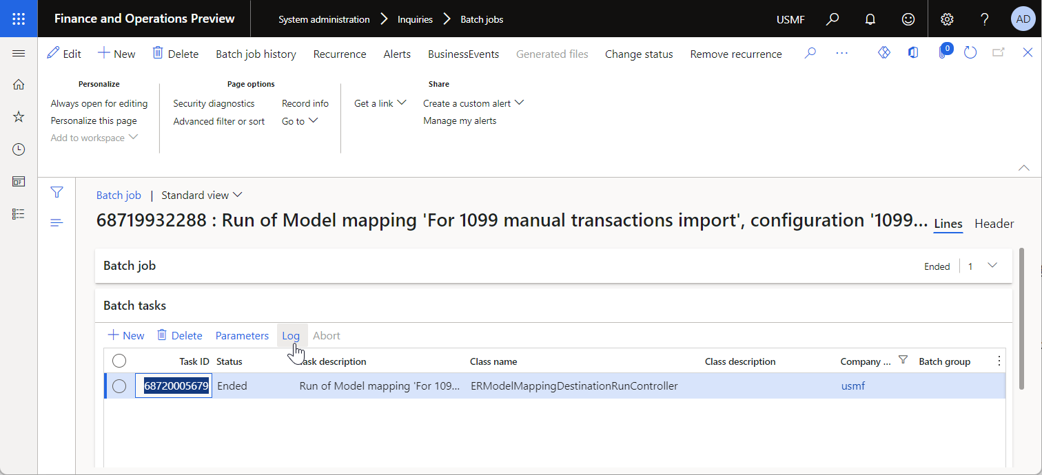 Screenshot of Log button on the Batch job page.