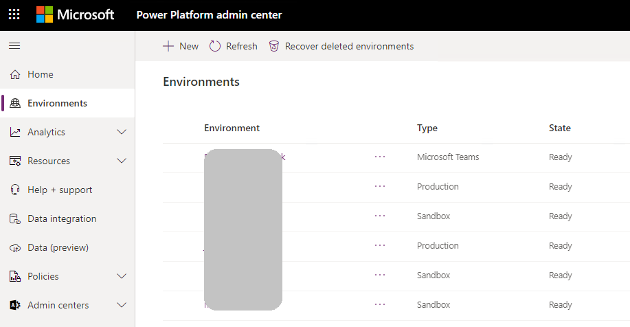 List of environments on the Environments page.