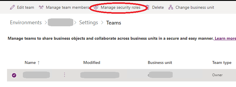 Manage Security Roles button on the Teams page.