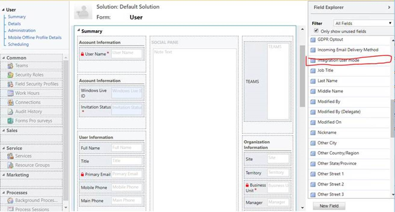 Adding the Integration user mode column to the form.
