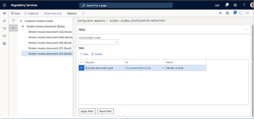 Applied filter and Import for business document type.