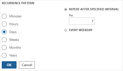 Screenshot of setting the recurrence pattern to repeat every seven days.