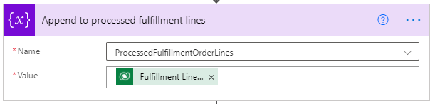 Screenshot of Append to array variable action for fulfillment order lines.