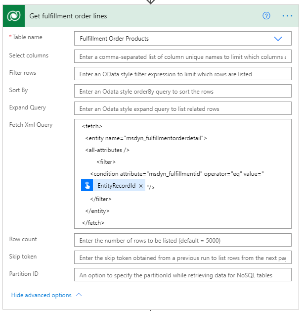 Screenshot of List rows action configuration.
