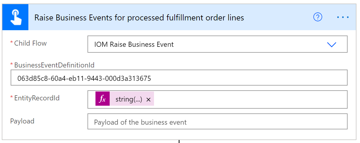 Screenshot of Run child flow action for business events.