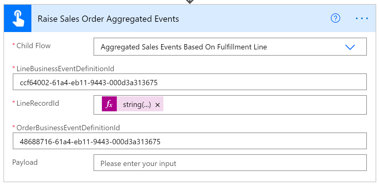 Screenshot of Run child flow action for aggregated events.