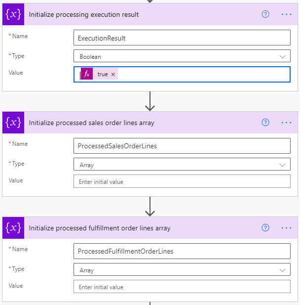 Screenshot of variable initialization actions.