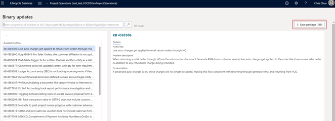 Screenshot of the save package button on the binary updates page.