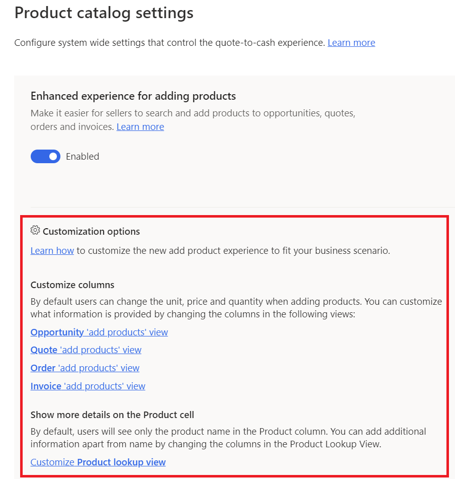 Screenshot of the Product catalog settings page with the enhanced experience for adding products enabled, showing customization options.