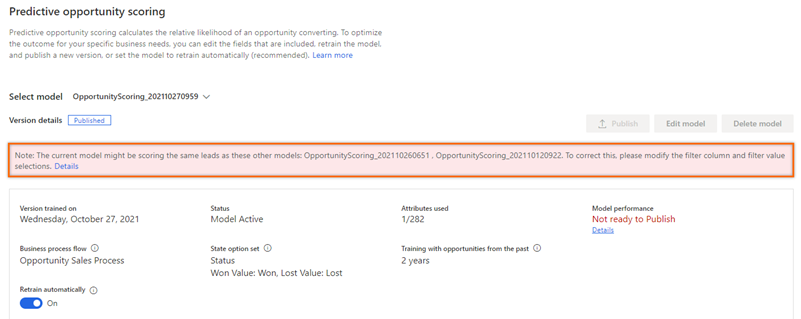 Screenshot of a conflict warning while viewing a published predictive scoring model.