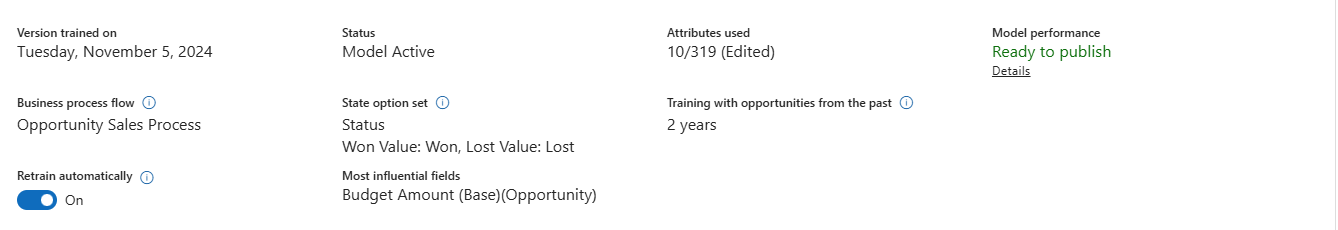 Screenshot of version details for an opportunity scoring model.