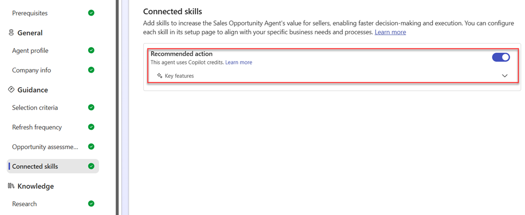 Recommended actions toggle in Sales Opportunity Agent configuration page