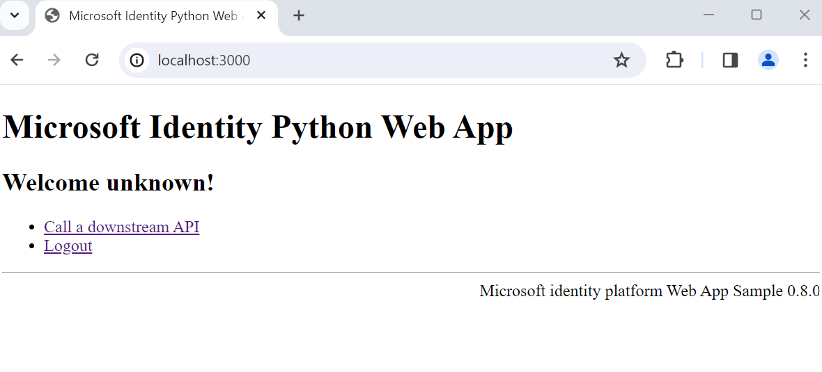 Screenshot of flask web app sample after successful authentication.
