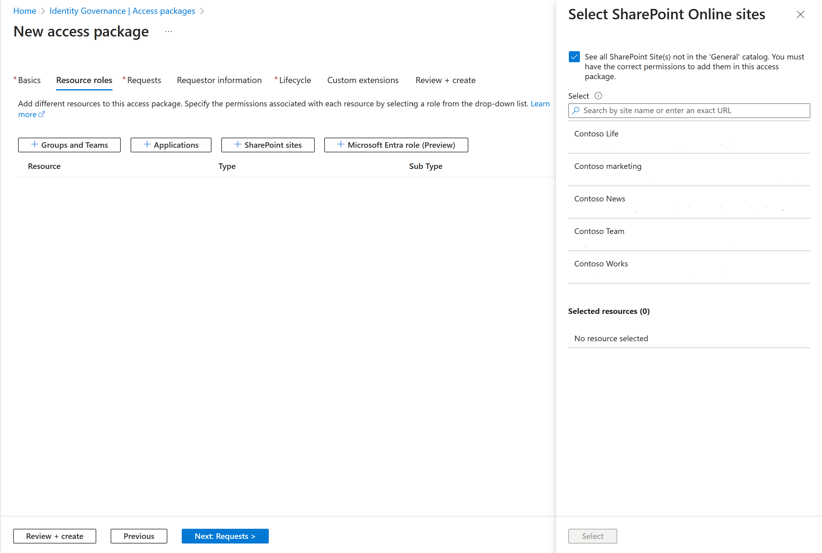 Access package - Add resource roles - Select SharePoint sites - Portal view