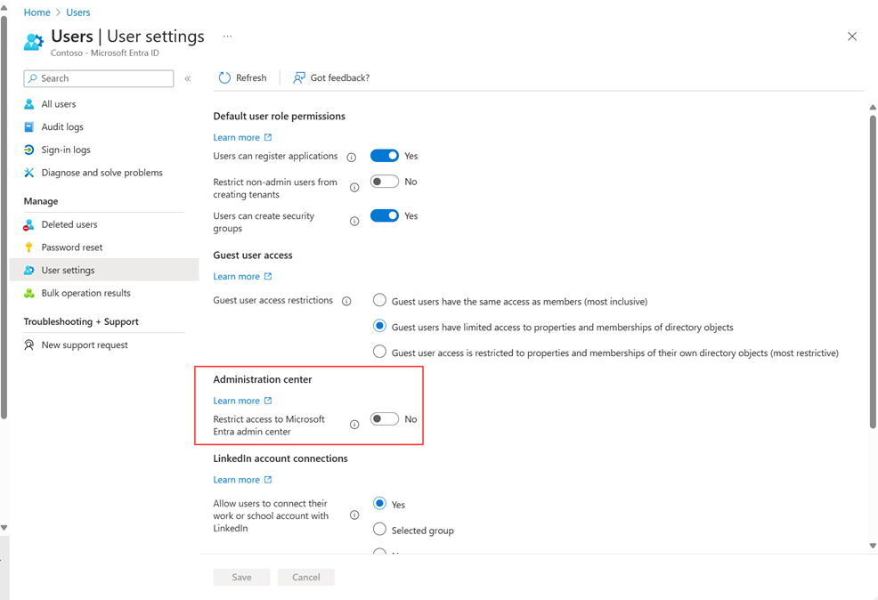 Microsoft Entra user settings - Administration portal