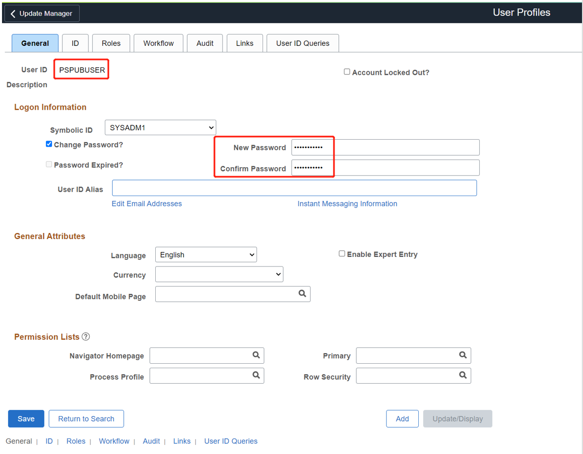 Screenshot of the PS PUBUSER User ID and change-password option.