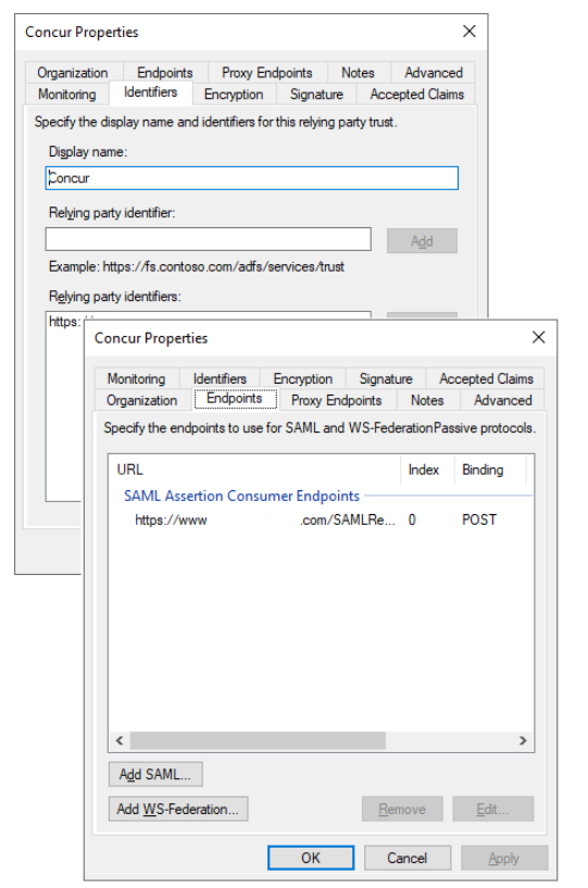 Screenshot of the AD FS SAML configurations pane.