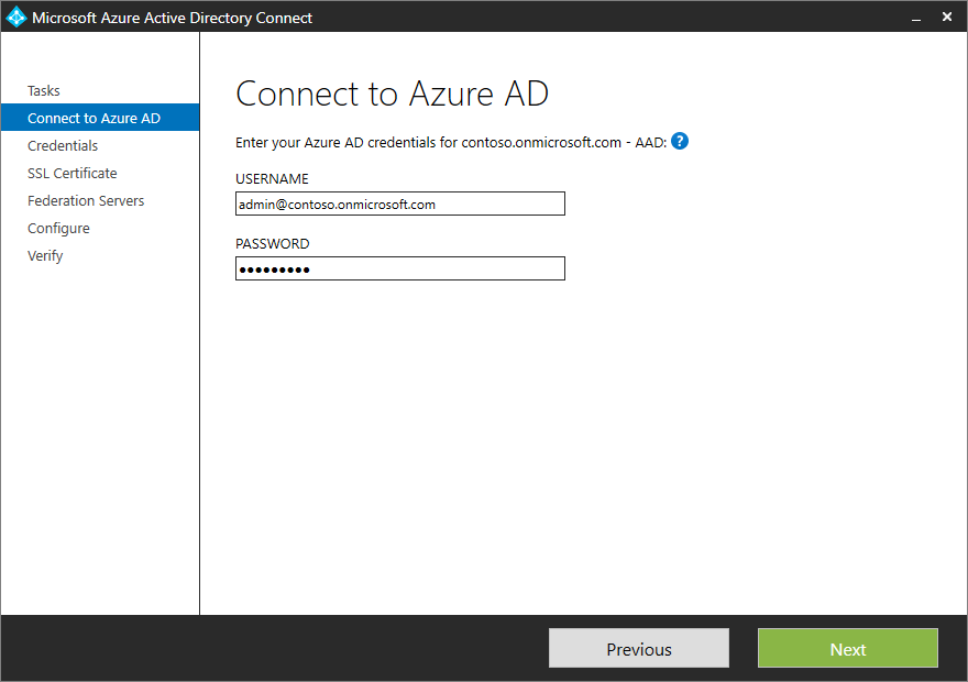 Screenshot that shows the "Connect to Microsoft Entra ID" page with sample credentials entered.