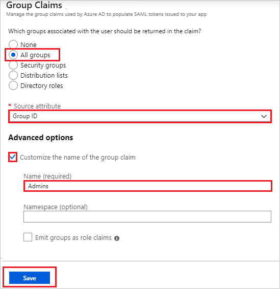 Screenshot shows Group Claims with values as described in this procedure.