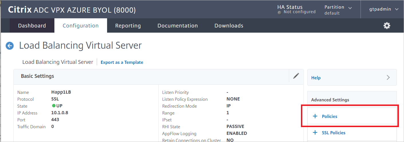 Screenshot of Citrix ADC SAML Connector for Microsoft Entra configuration - Load Balancing Virtual Server pane.