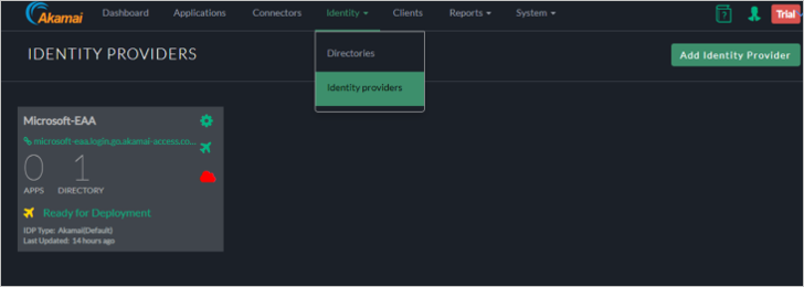 Screenshot of the Akamai EAA console Identity Providers window. Select Identity Providers on the Identity menu and select Add Identity Provider.