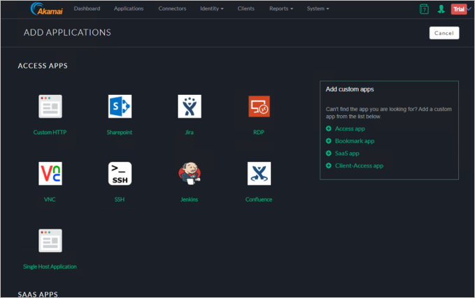 Screenshot of the Akamai EAA console Add Applications wizard showing RDP listed among the apps in the Access Apps section.