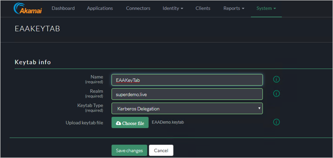 Screenshot of the Akamai EAA console EAAKEYTAB screen showing the Keytab settings. The Keytab Type is set to Kerberos Delegation.