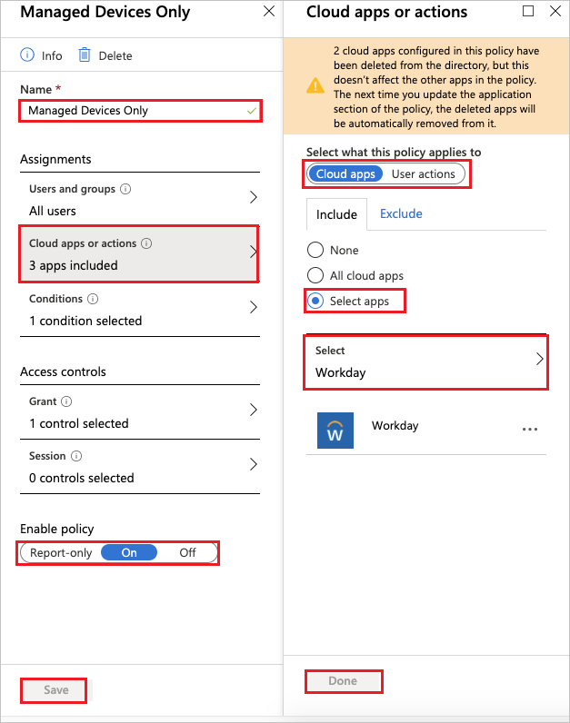 Screenshot of Managed Devices Only and Cloud apps or actions.