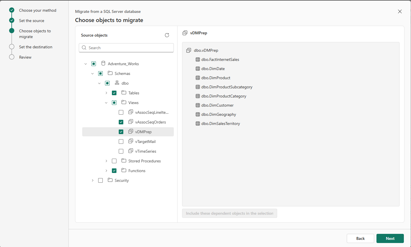 Screenshot from the Fabric portal, showing object selection step.