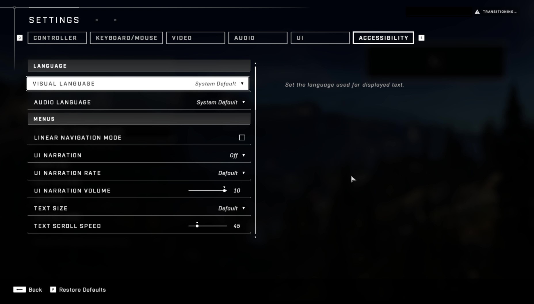 Screenshot of startup screen of Halo Infinite game SETTINGS with VISUAL LANGUAGE set to System Default.