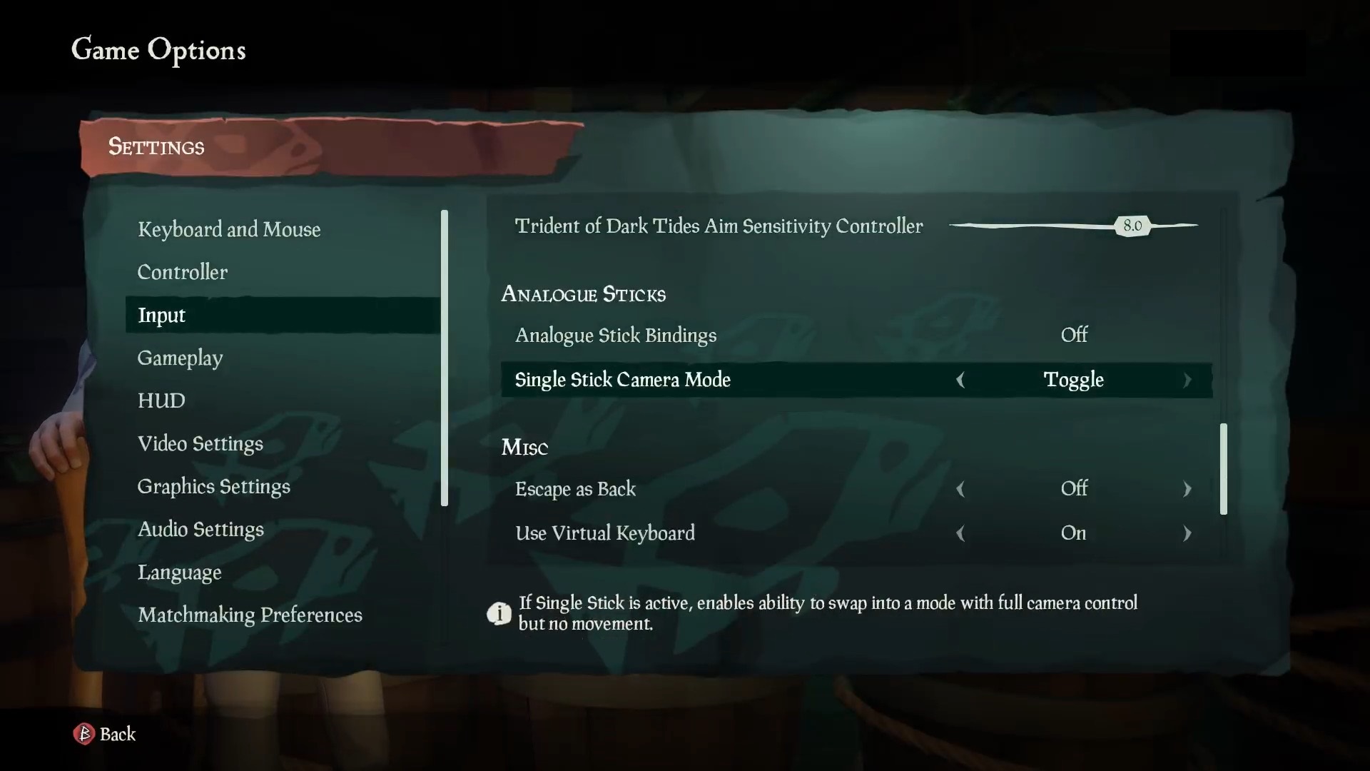 Screenshot of Sea of Thieves game SETTINGS showing Single Stick Camera Mode set to Toggle.