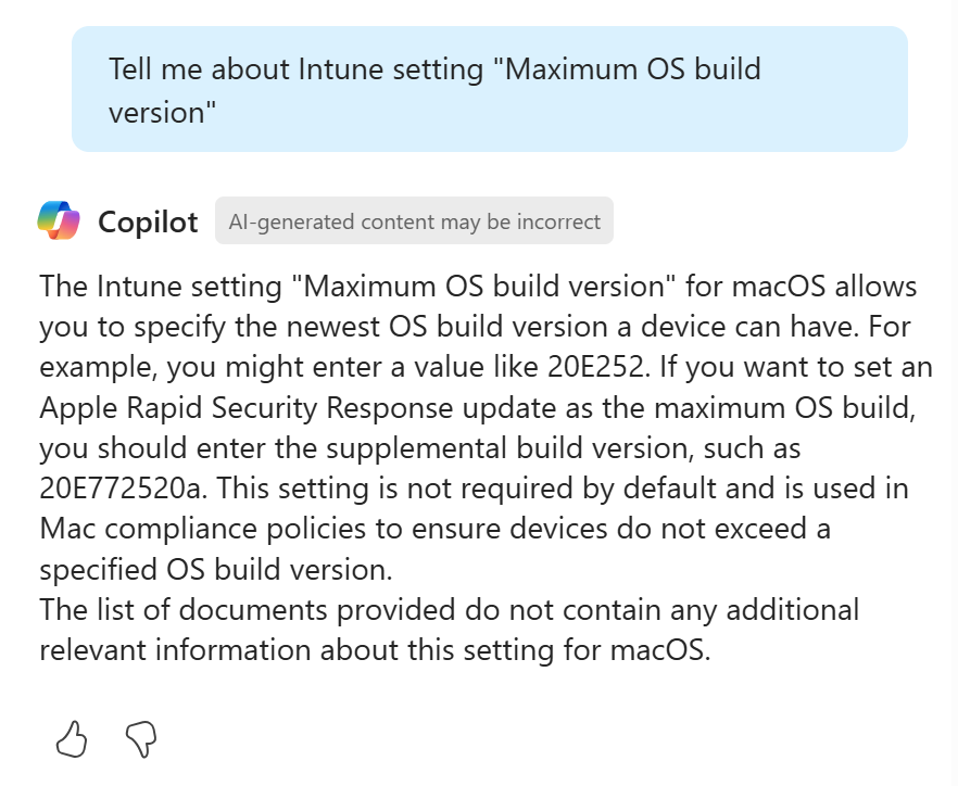 Screenshot that shows more information about a setting when you select the Copilot tooltip in a compliance policy in Microsoft Intune admin center.
