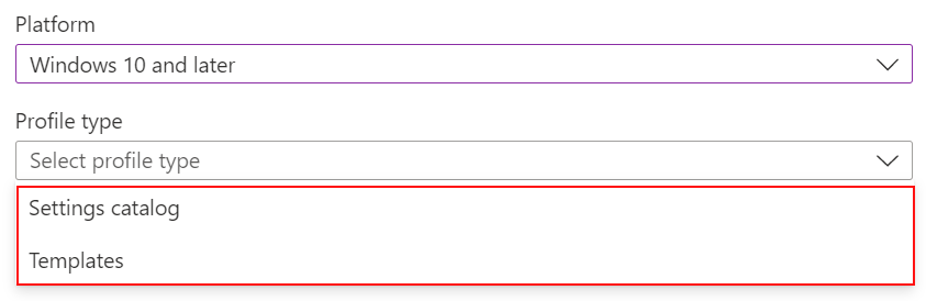 Screenshot that shows when you create a Windows or macOS policy, select settings catalog or templates in Microsoft Intune and Intune admin center.