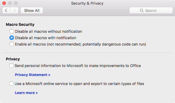 Screenshot of the Security & Privacy settings window for Office for Mac, showing Macro Security and Privacy options.