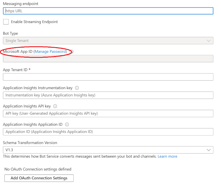 Screenshot of the Azure Bot configuration page showing the Manage Password option next to Microsoft App ID.