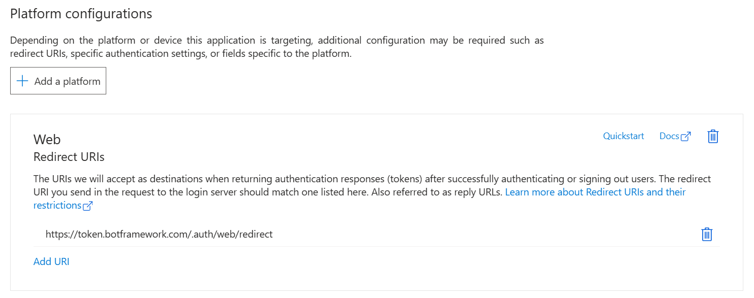 Screenshot of Add Redirect URI page in Azure portal.