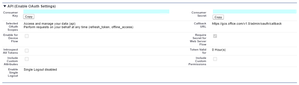 Screenshot that shows results returned by API section in Salesforce instance after admin has submitted all required configurations. Consumer Key is at top of left column and Consumer Secret is at top of right column.