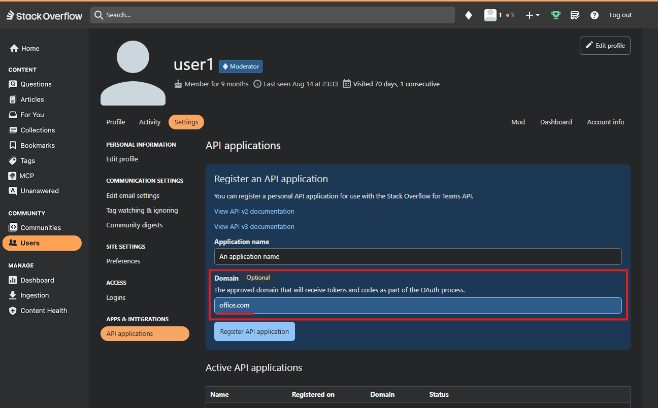Screenshot that shows how set up an API application in Stack Overflow.